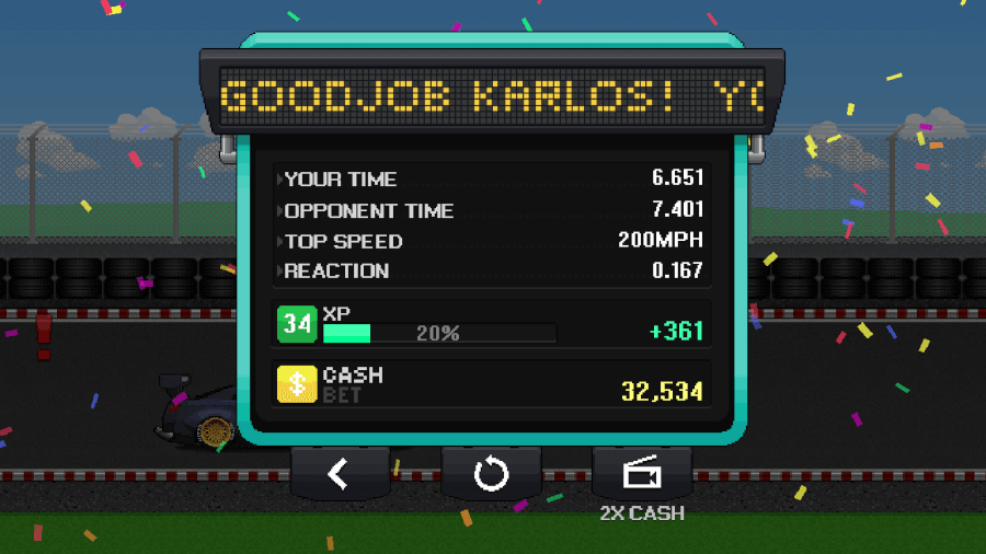 pixel car racer drag quarter mile times